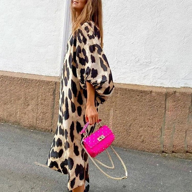 Casual V-neck Leopard Print Lantern Sleeve Dress