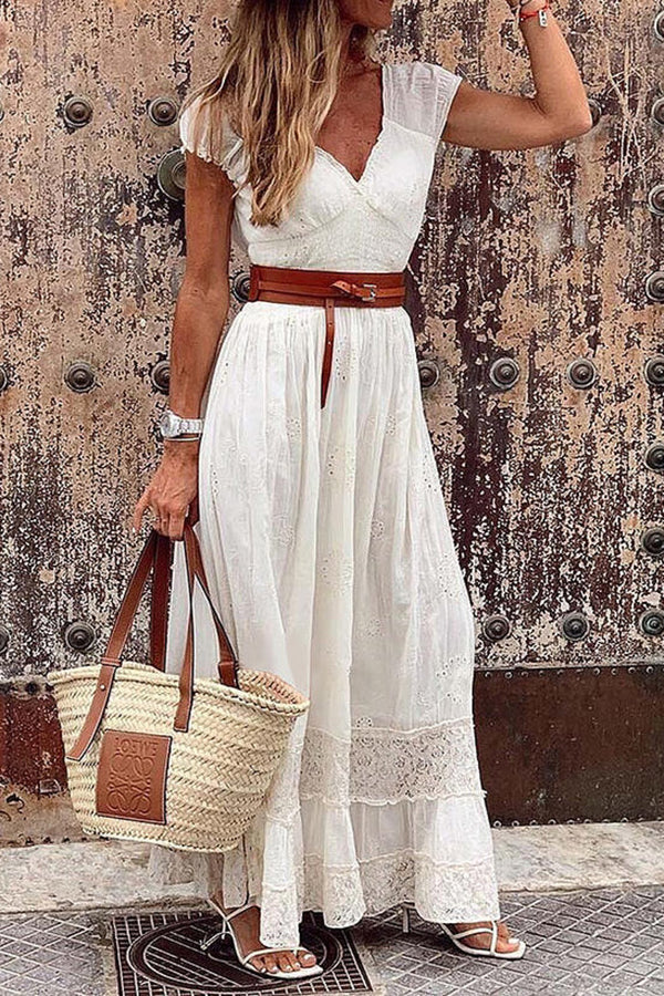 Lace Stitching Mid Waist Solid Color Maxi Dress (With Belt)