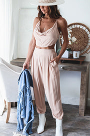 Cowl Neck Open Back Top & Pleated Pants Suit