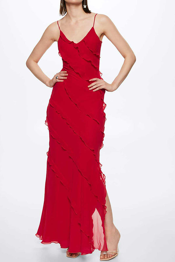 Robe sexy moulante fendue en mousseline de soie à volants
