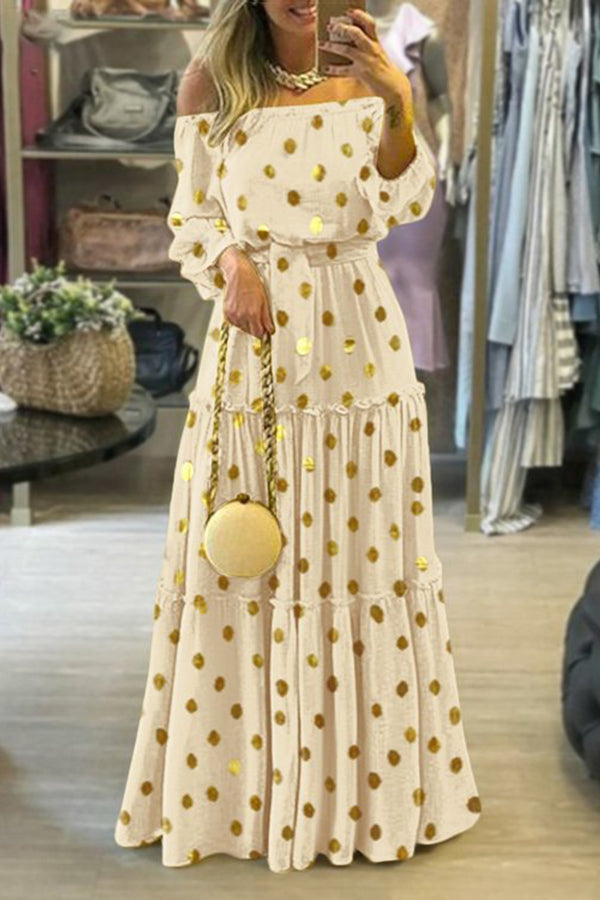 Modisches bedrucktes langes Kleid mit Boho-Punkten und Puffärmeln für Damen 