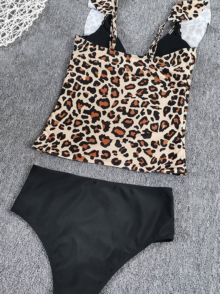 Brauner zweiteiliger Badeanzug mit Leopardenmuster