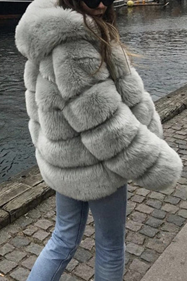 Faux Rabbit Fur Long Sleeve Hooded Jacket