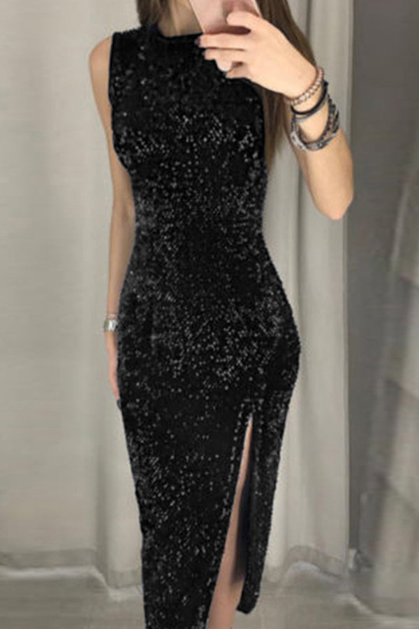 irregular sequin slit dress