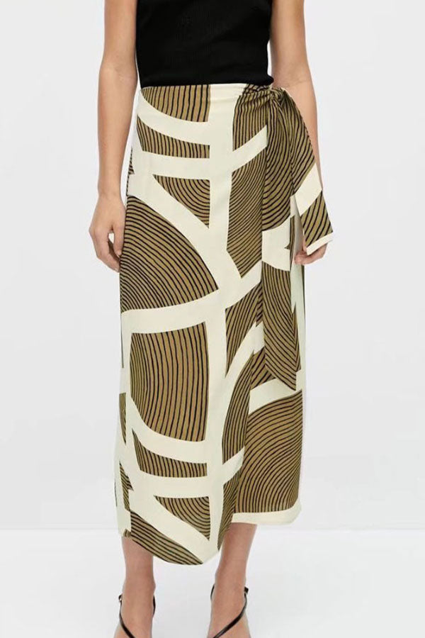 Casual Leaf Print Slit Tie Skirt