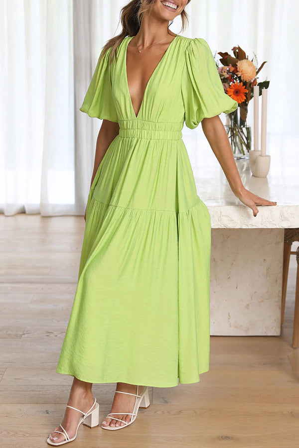 Sunshine Villa Puff Sleeve Elastic Waist Midi Dress