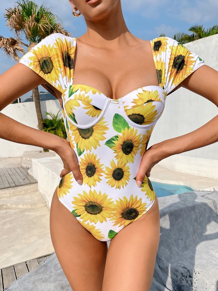 Einteiliger Badeanzug mit Sonnenblumen-Print