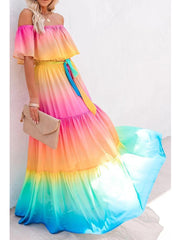 Elegant Off Shoulder Rainbow Maxi Dress