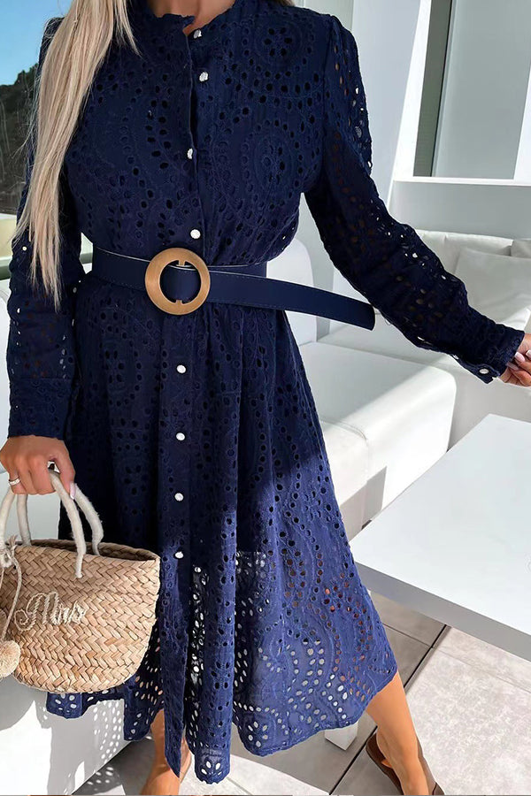 Lace Round Neck Belted Long Dress