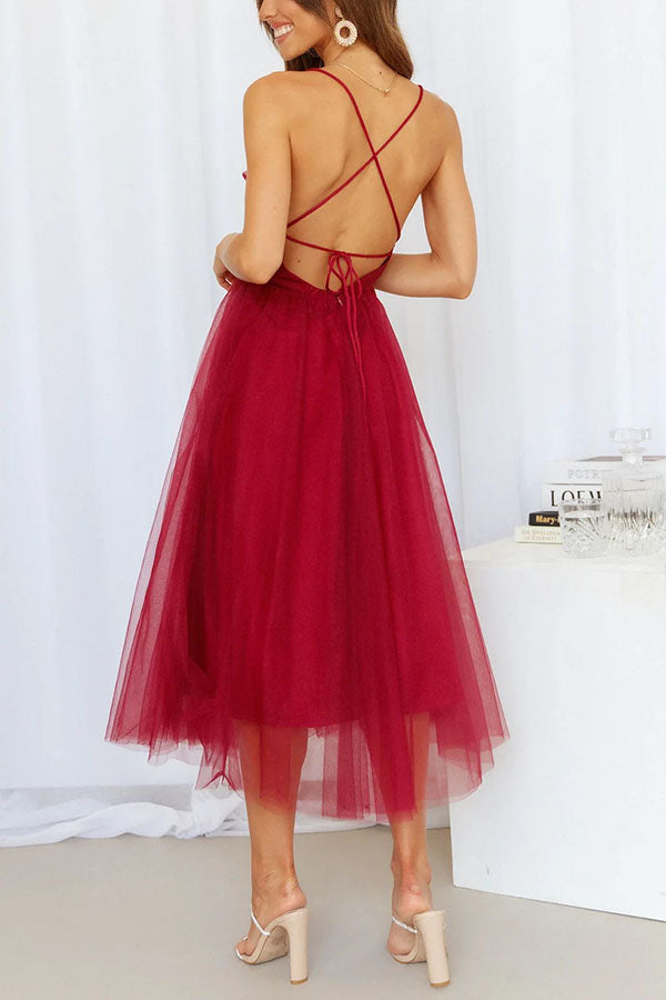 Daydream Look Tulle Cowl Neck Back Lace-up Midi Dress