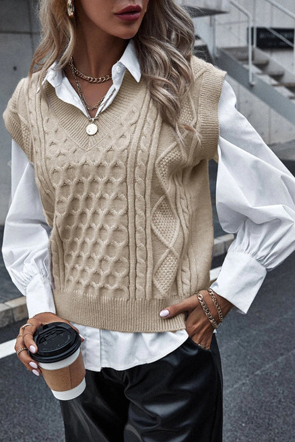 Women's Fashion Knitted Vest New Vest Sleeveless Cable V-neck Top