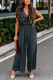 Ruffle Neckline Wide Leg Jumpsuit