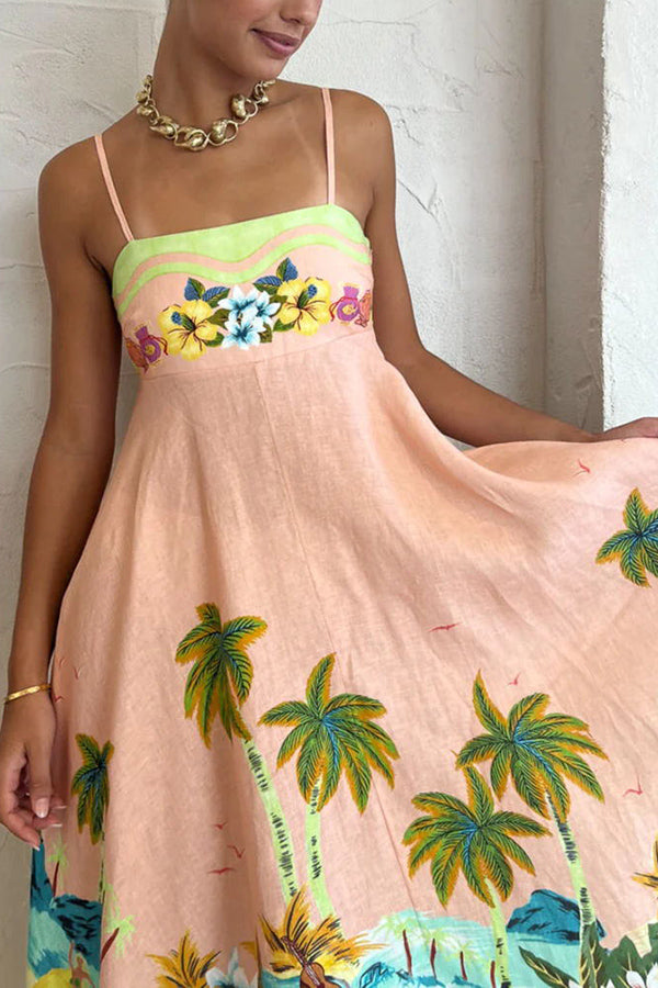 Coconut Scenery – Midikleid aus Leinenmischung mit tropischem Print und gesmoktem Rücken 