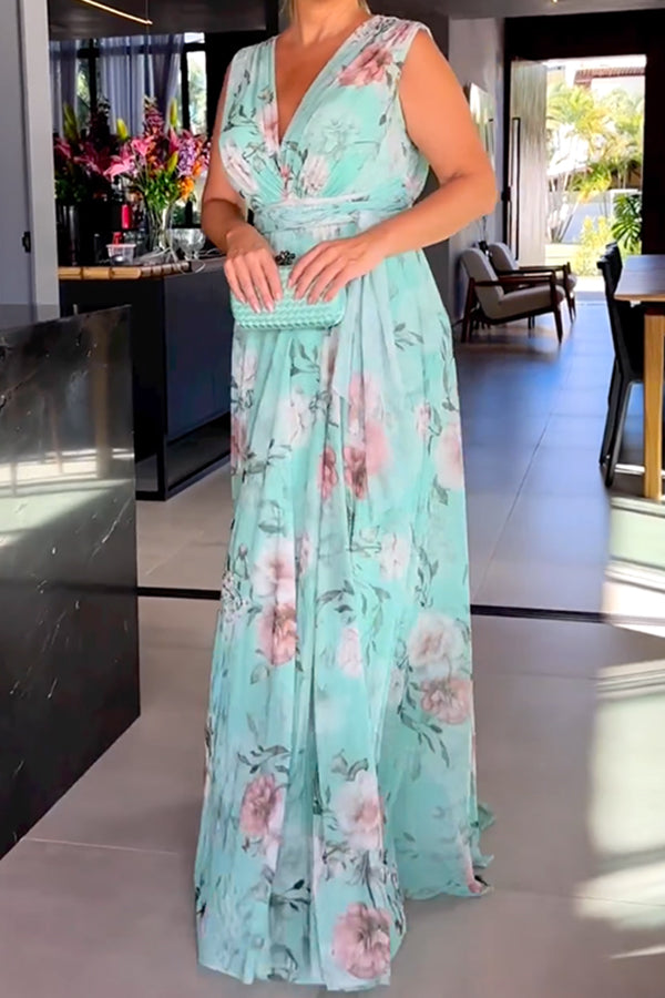 Floral Printed Split-Side Sleeveless V-Neck Maxi Dresses