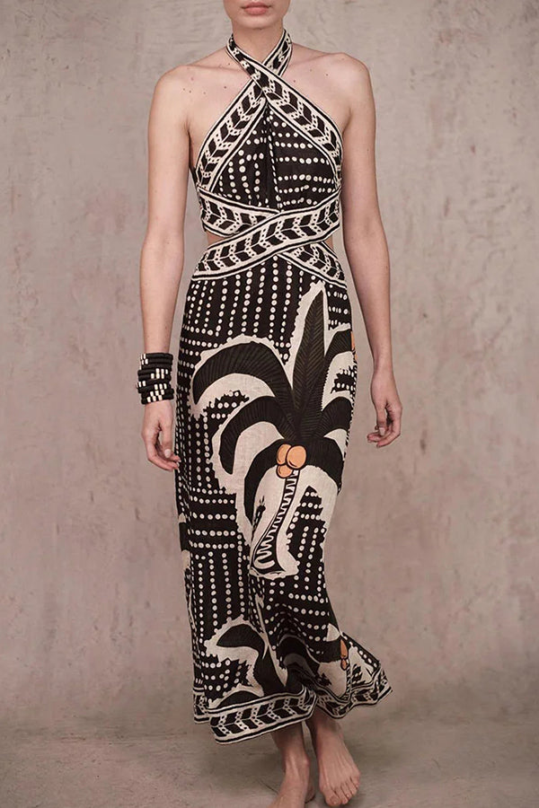 Palm Tree Print Lace Up Maxi Dress