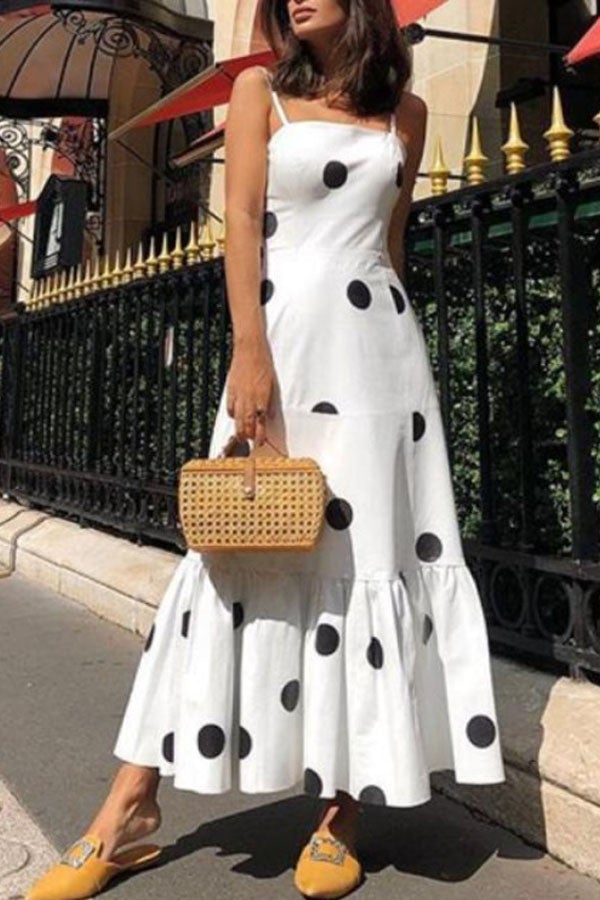 Hot Sale New Polka Dot Sling Fashion One-Line Neck Long Dress