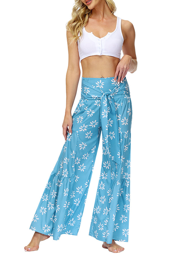 Printed Women's Loose Beach Wide Leg Lace-up Trousers