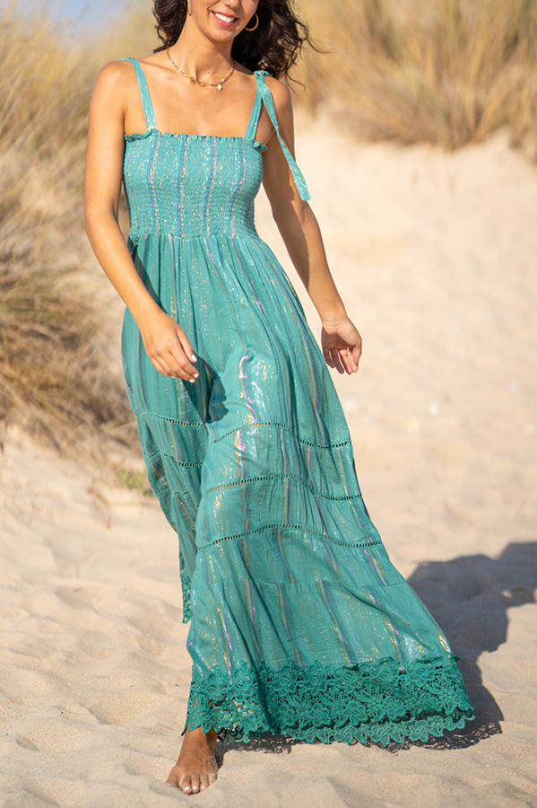 Weekend on The Lake Smocked Lace Trim Wide Leg Jumpsuit