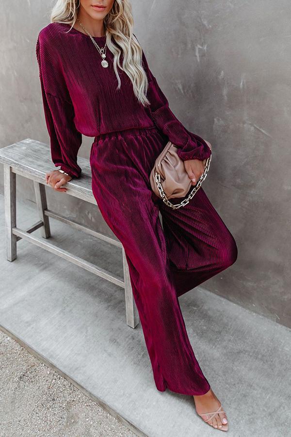 High Rise Plisse Wide Leg Pants Suit