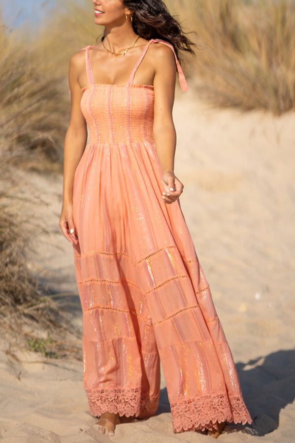 Weekend on The Lake Smocked Lace Trim Wide Leg Jumpsuit