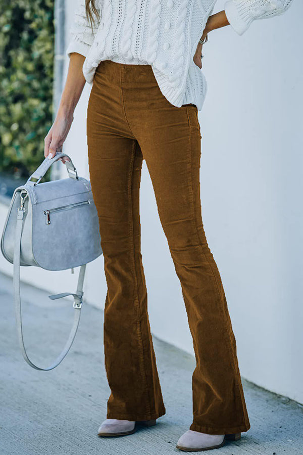 Pantalon de détente taille haute slim en micro velours côtelé à taille élastique