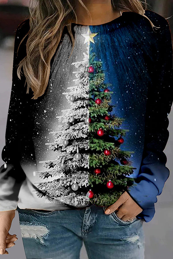 Lässiges, lockeres Langarm-Sweatshirt mit Rundhalsausschnitt und Weihnachtsbaum-Print