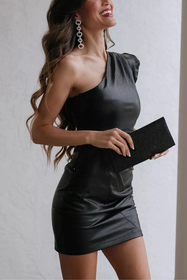 Ruffle One Shoulder Leather Dress