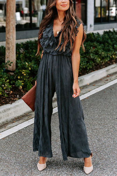 Ruffle Neckline Wide Leg Jumpsuit