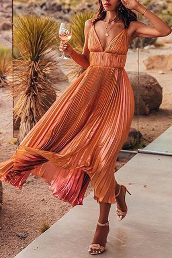 Robe longue de cocktail élégante orange plissée à bretelles spaghetti et col en V
