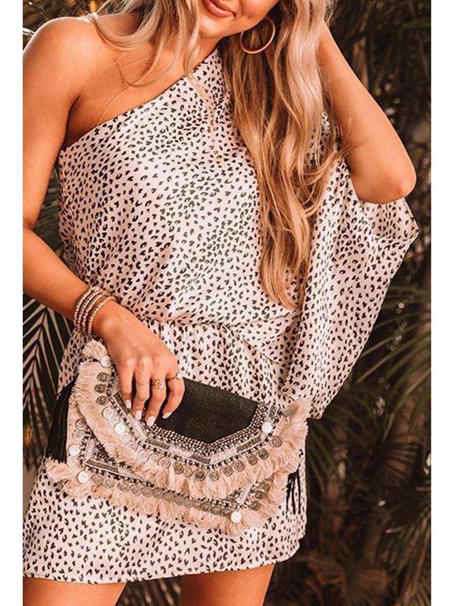 Robe ample léopard à une épaule et manches chauve-souris
