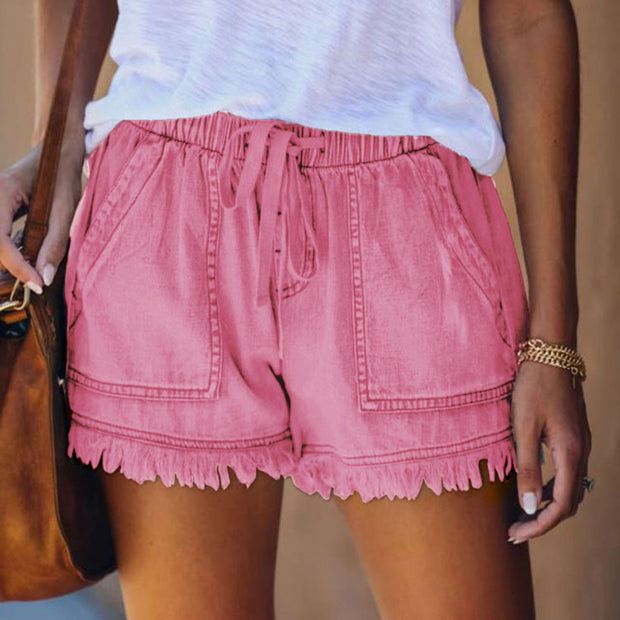 Women's Elastic Drawstring Casual High Waist Thin Denim Shorts