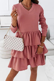 Solid Color Long-sleeved V-neck Irregular Dress