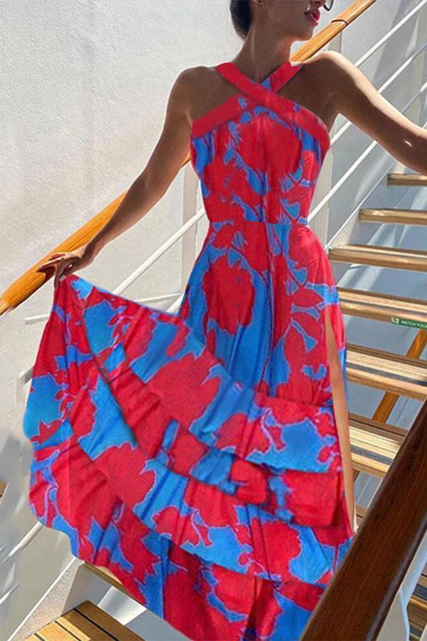 Bohemian Ruffled Slit Contrast Print Maxi Dress