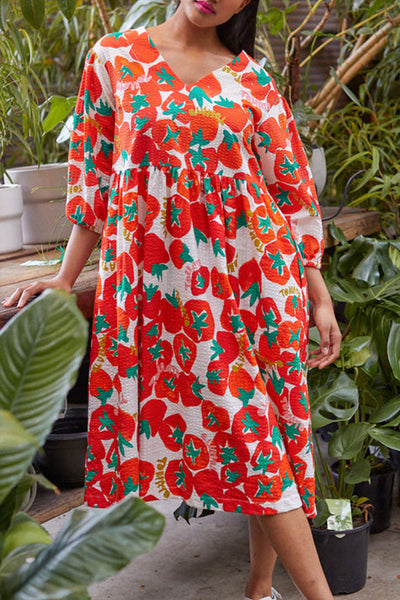 tomato print v-neck loose dress