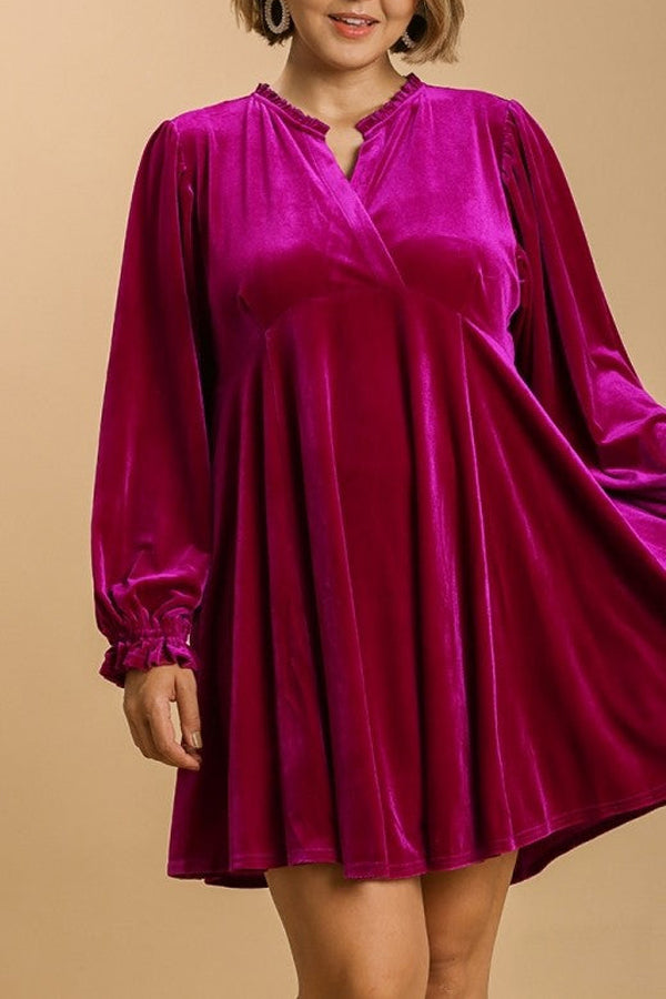 Umgee Velvet Dress with Puff Sleeves and Split Neckline in Velvet