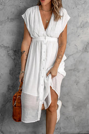 Deep V Short Sleeve Waist Dress