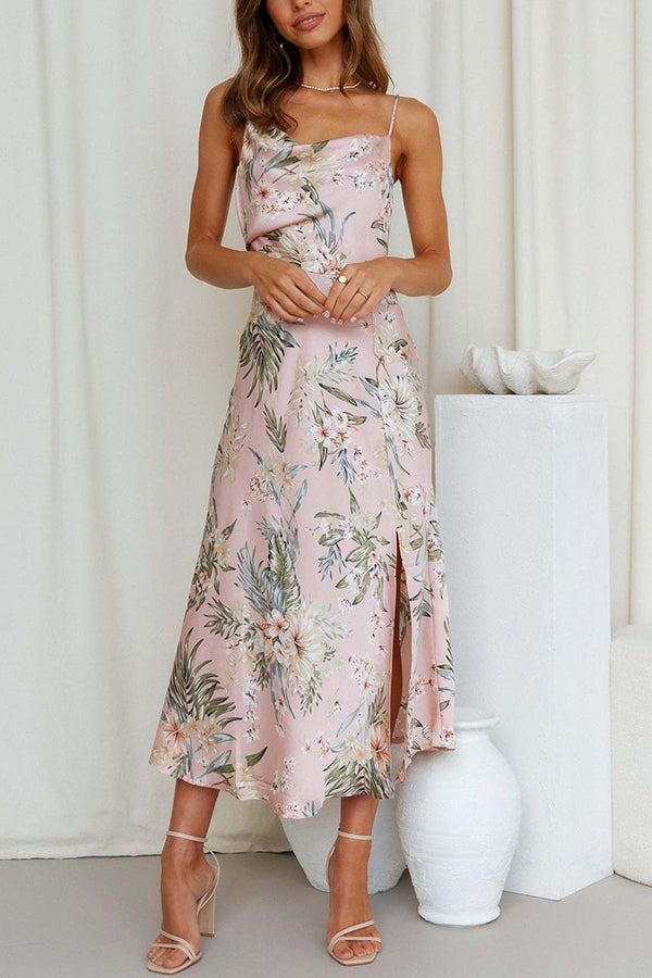 Everything You Need Satin Floral Cowl Neck Slit Midi Dress