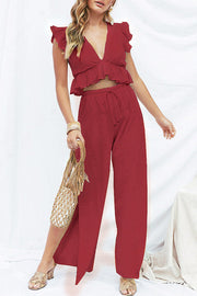 Women's V-neck Ruffle Top Casual Pants Two Piece Set