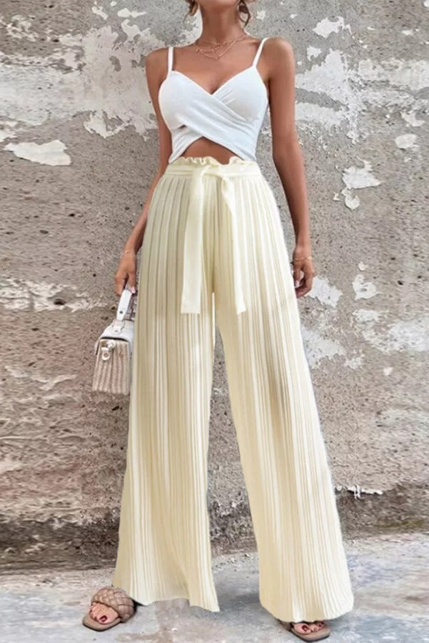 Cali Satin Belt Pleated Wide Leg Pants