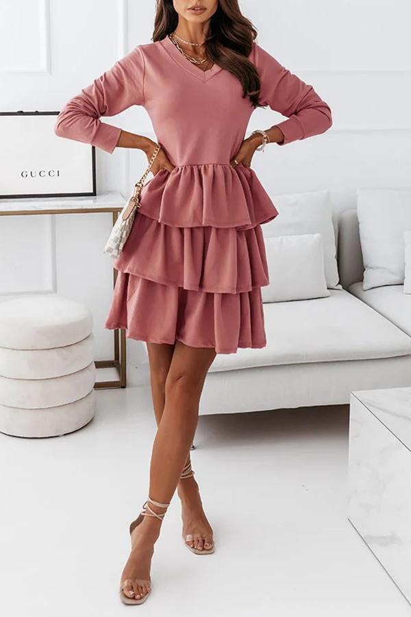 Solid Color Long-sleeved V-neck Irregular Dress