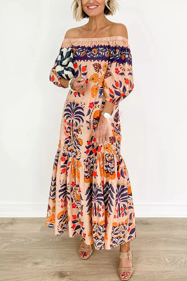 Robe mi-longue fluide à poches et épaules dénudées imprimée Island Lover