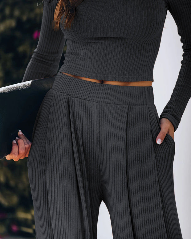 POCKETED RIBBED WIDE LEG PANTS