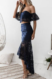 Lace Boat Neck Top+Lace Dress Two-piece