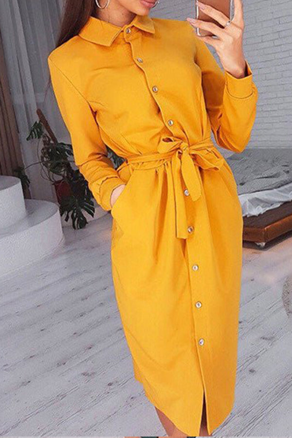 Women's Dresses Lapel Button Tie Long Sleeve Shirt Dress