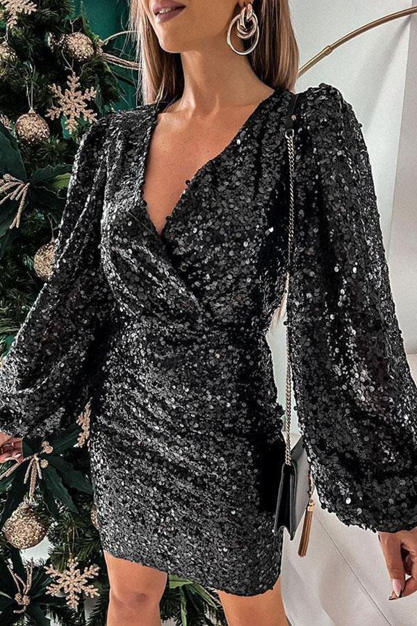 Shimmer Sequin Balloon Sleeve Party Dress