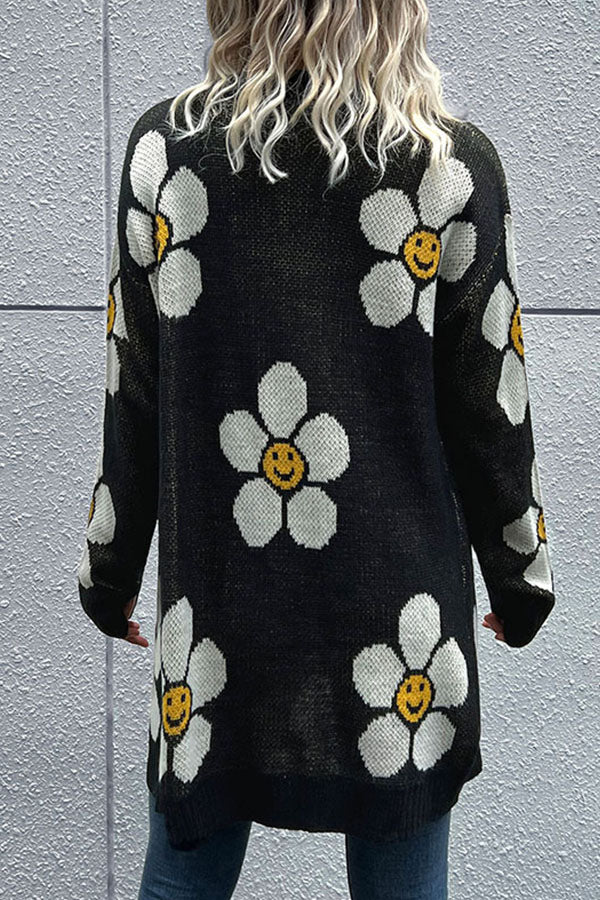 Floral Long Sleeve Mid Length Sweater Cardigan