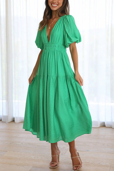 Sunshine Villa Puff Sleeve Elastic Waist Midi Dress