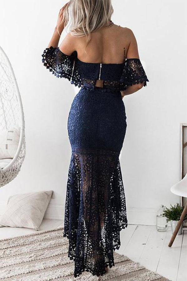 Lace Boat Neck Top+Lace Dress Two-piece