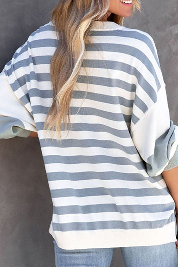 Puff Sleeve Crew Neck Striped Long Sleeve Pullover Women's Sweatshirt