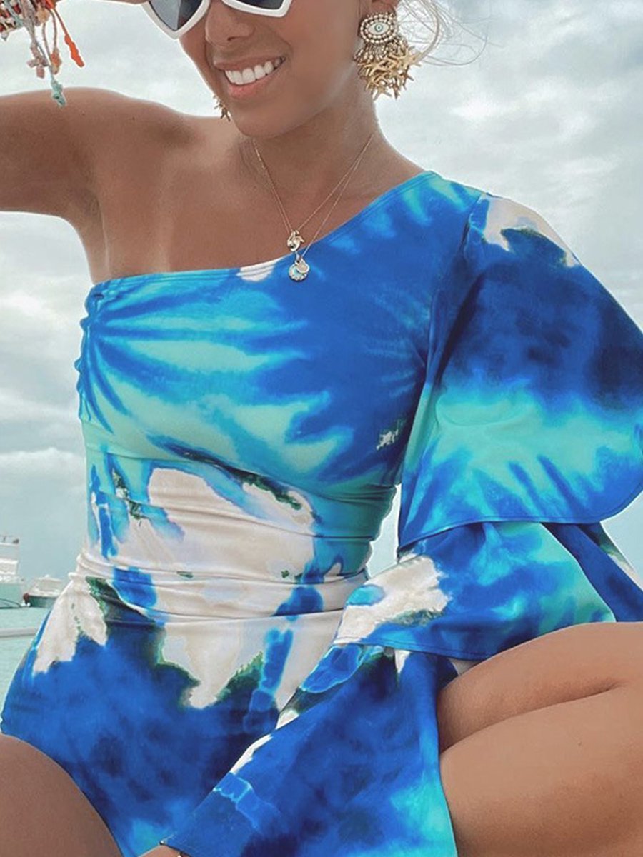 One Shoulder Long Sleeve Tie Dye Printed One Piece Swimsuit